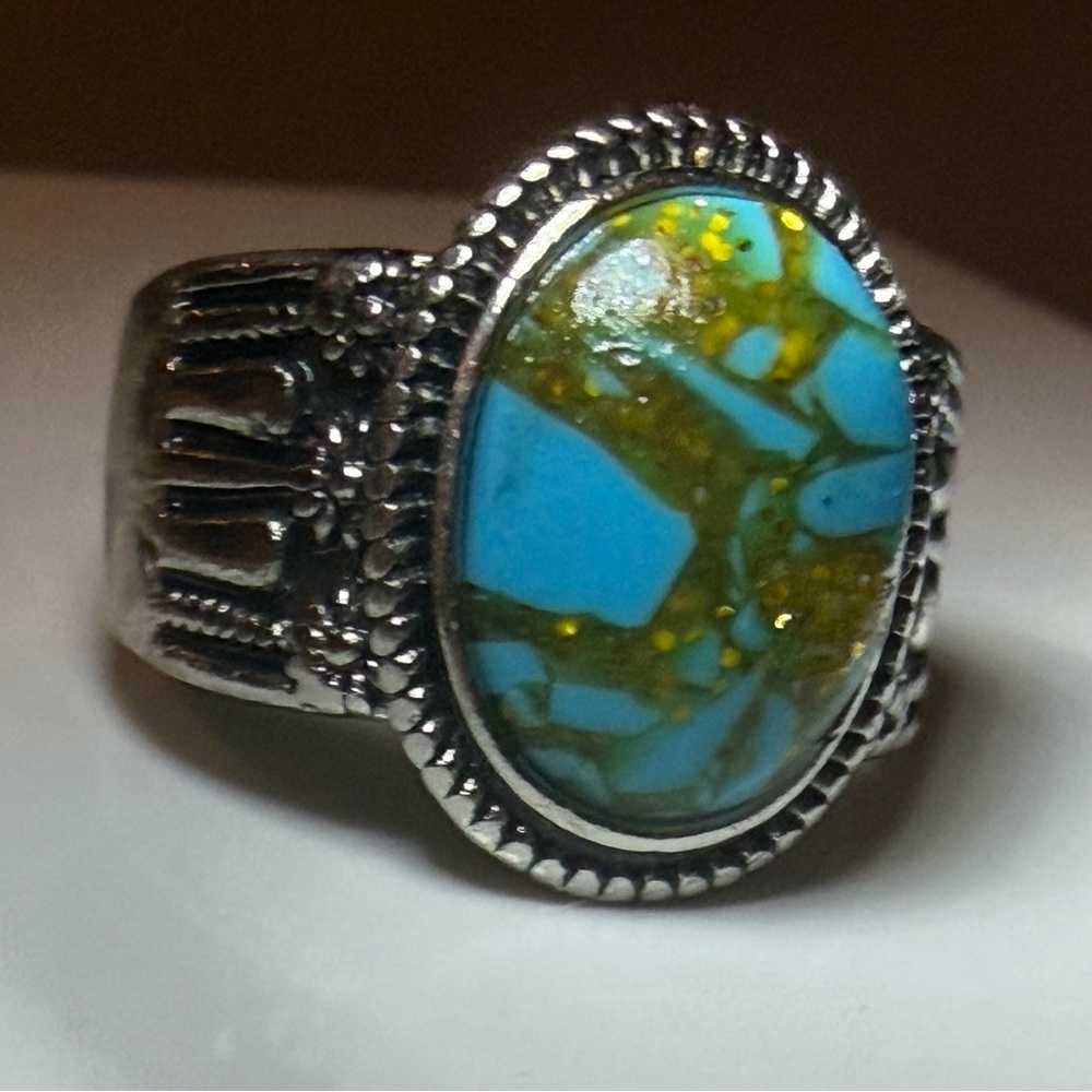 Vintage Sterling Silver Turquoise Mosaic Ring | Oval Artisan Inlay | Southwest